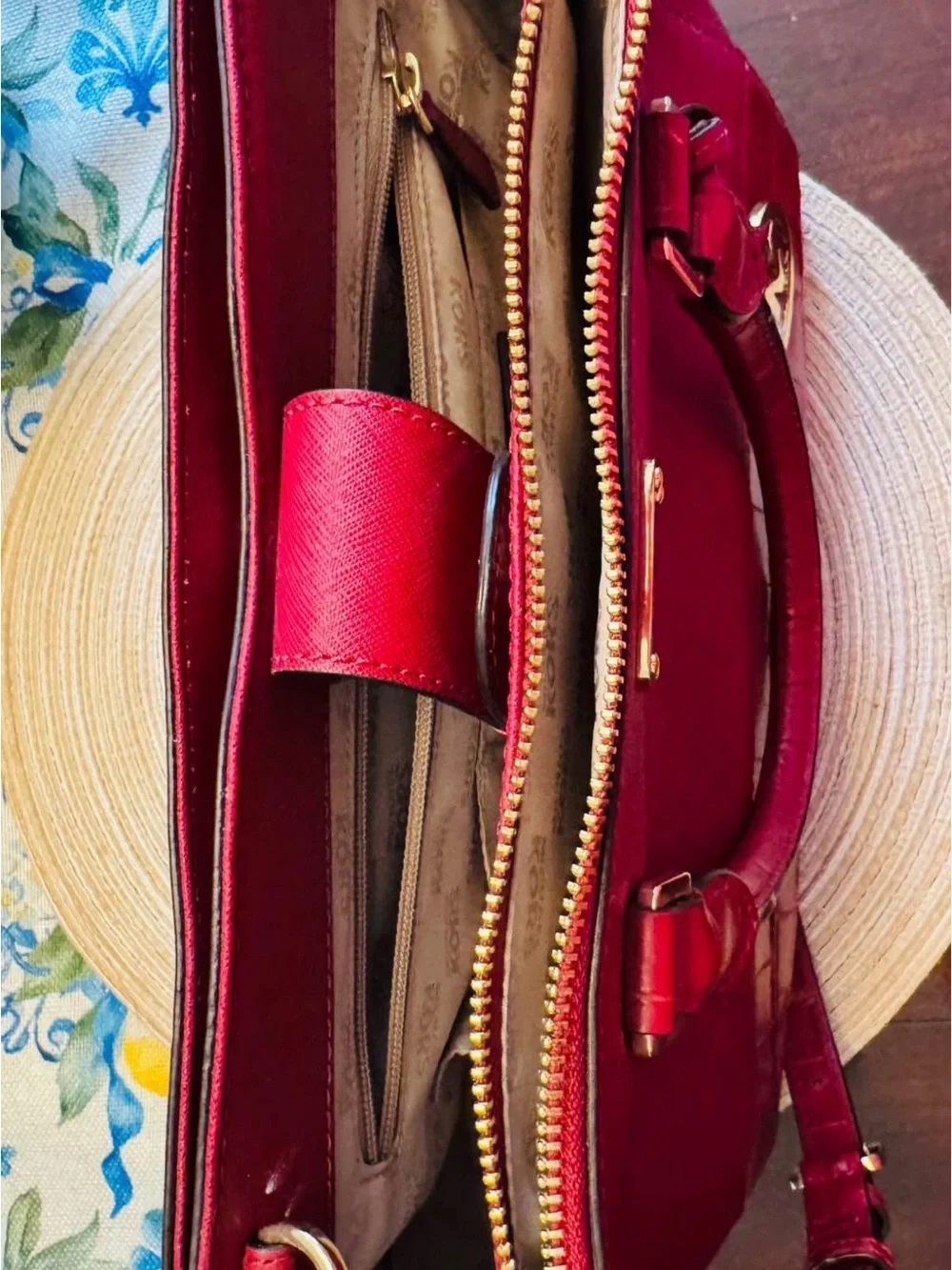 Michael Kors Red Saffiano & Croc-Trim Satchel with Gold Hardware